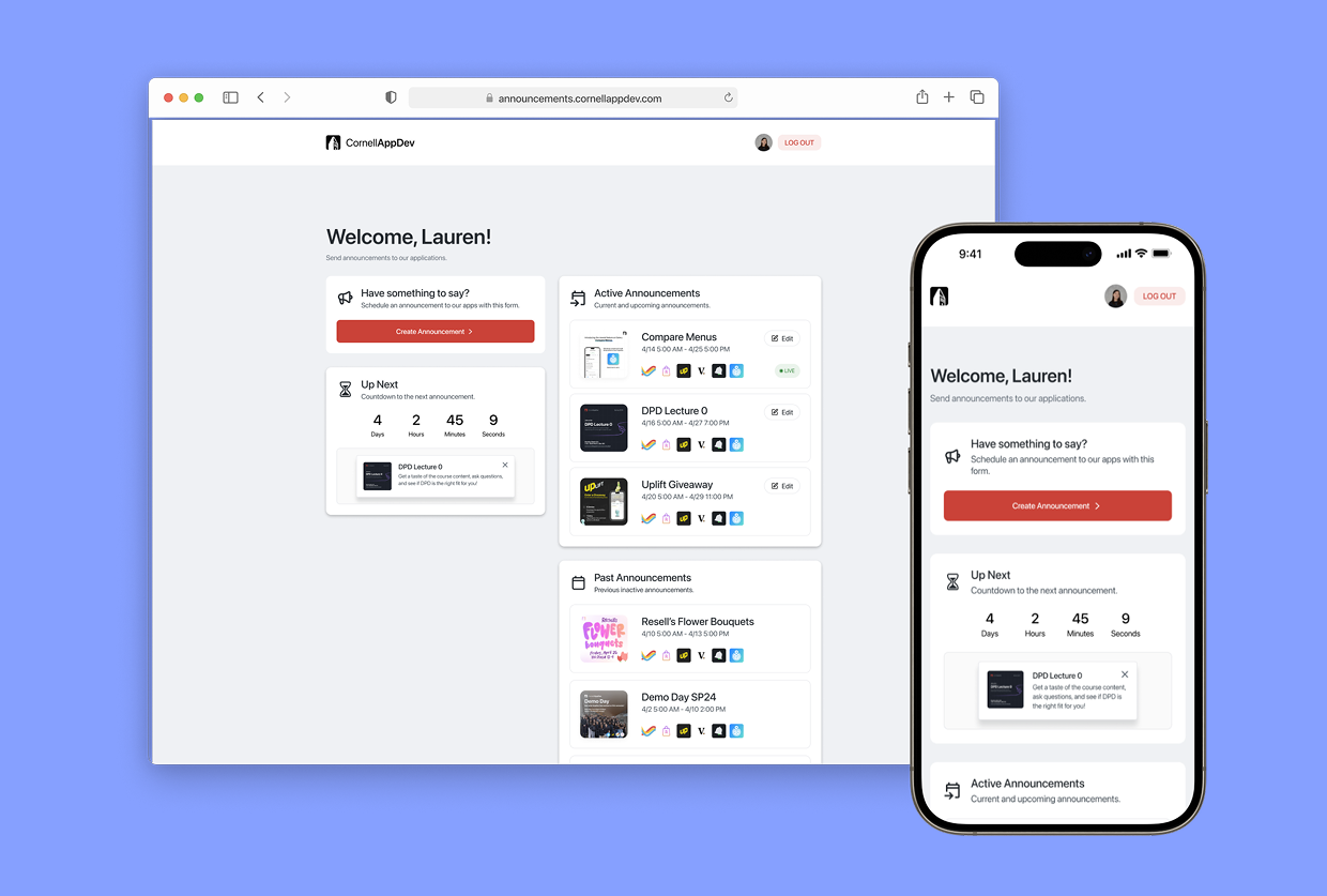 Cornell App Development — Announcements web app