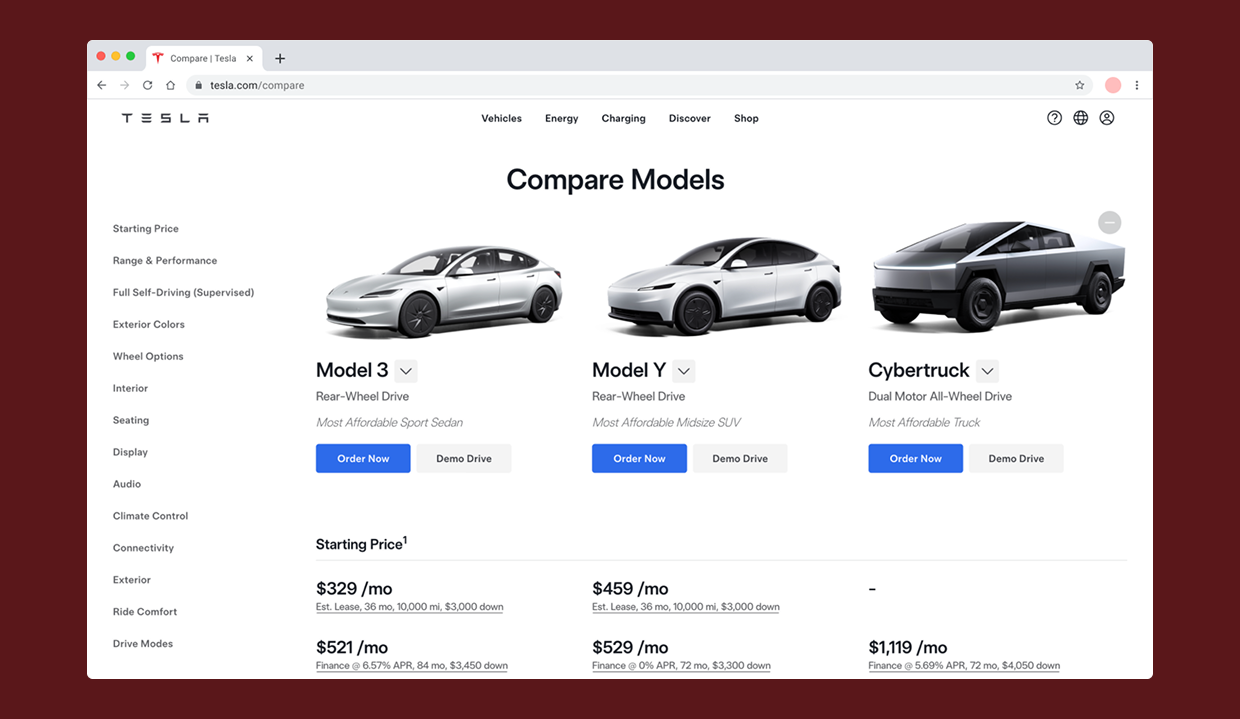 Tesla Compare Models page redesign